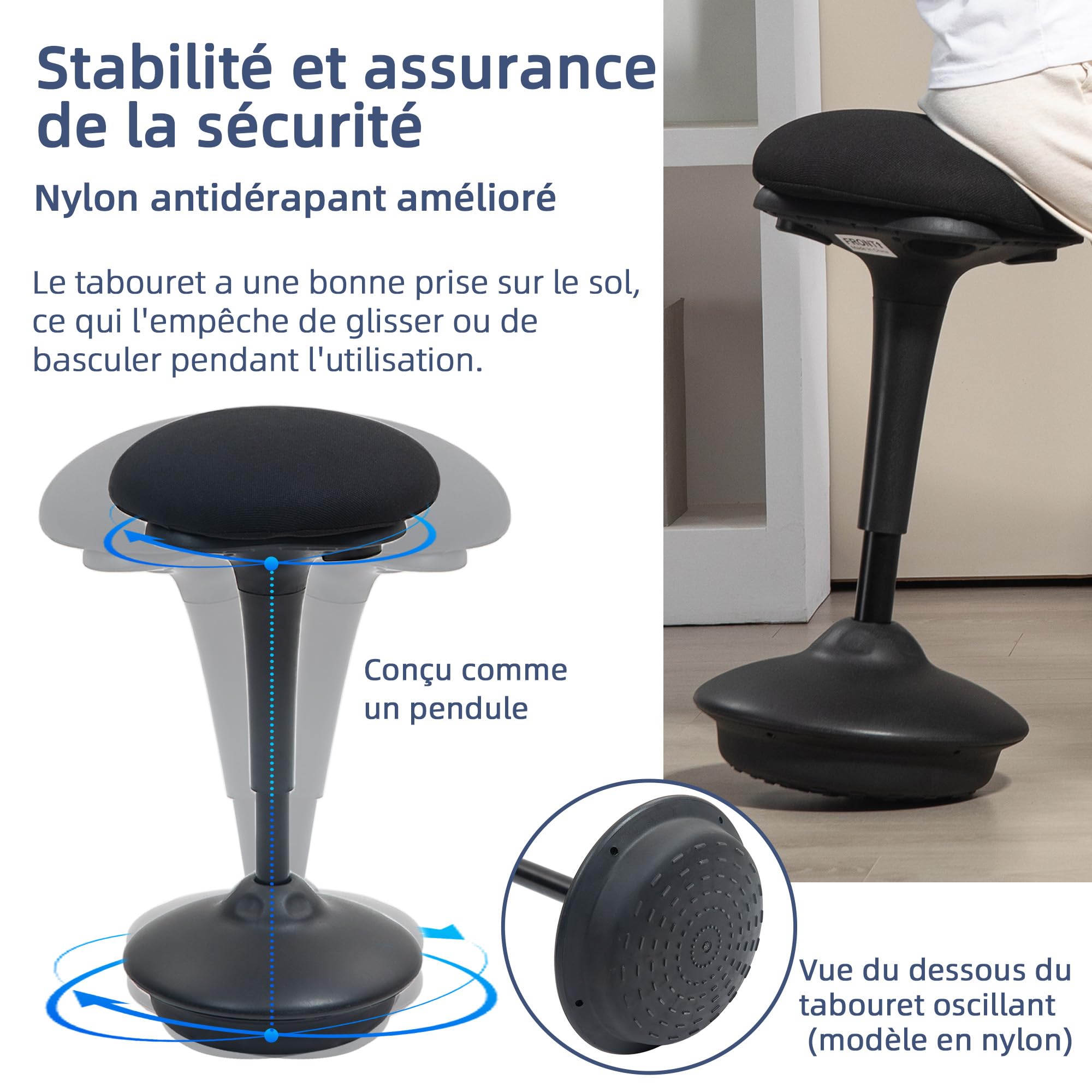 HOMCOM Tabouret de Bureau Debout, Tabouret Ergonomique, réglable en Hauteur 70-90 cm, Large Socle, siège Bascule à 360°, avec Coussin rembourré et Patins antidérapants, Noir
