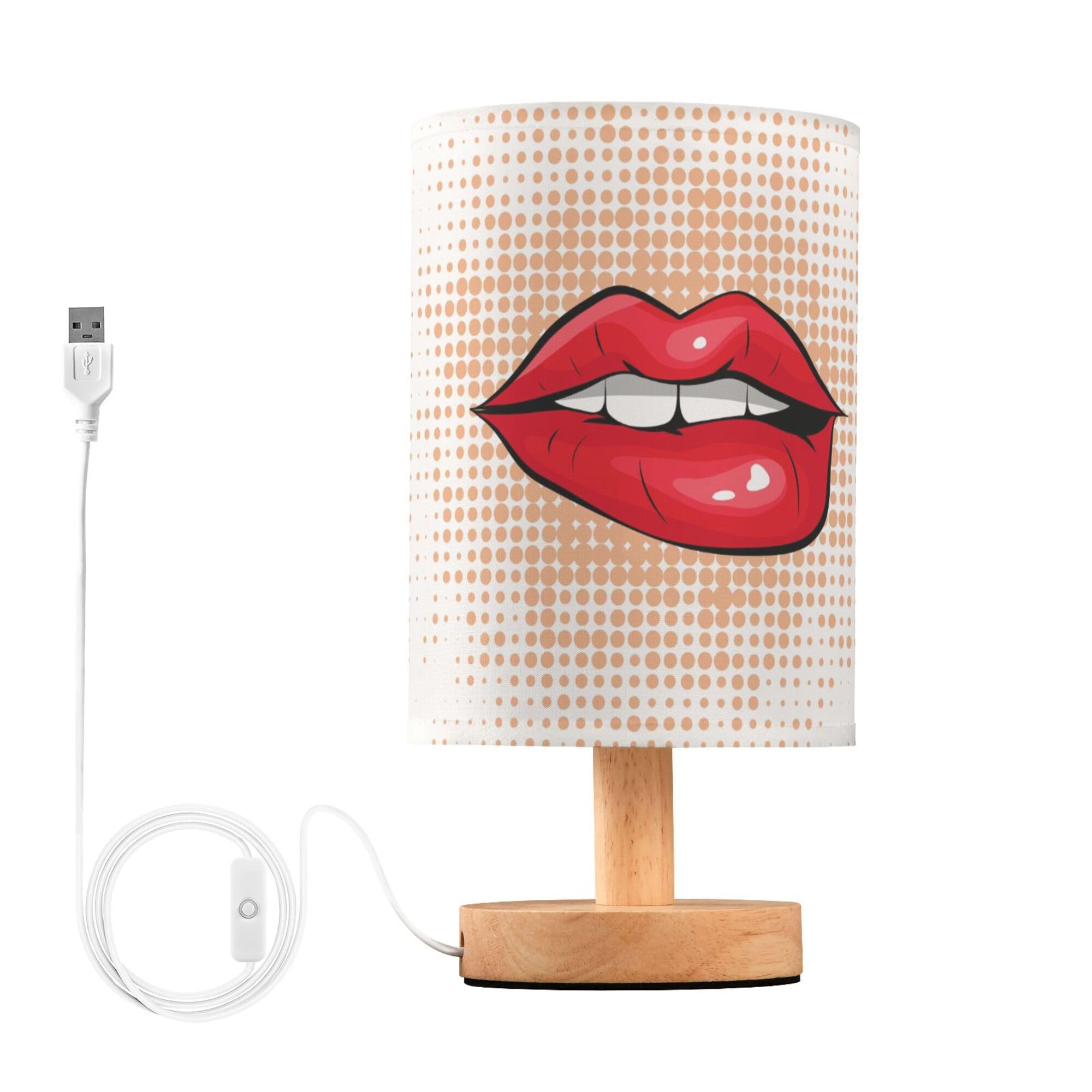 YYZZH Bite Sexy Red Lip Polka Dot Table Lamp with Wood Base Fabric