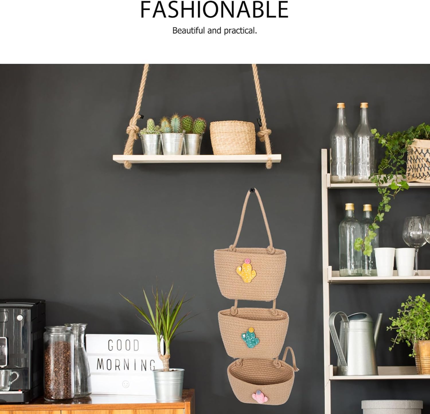 3-tier Hanging Storage Basket with Large Capacity Cotton Rope Boho Wall Mounted Organizer for Entryways and Home, Decorative Hanging Basket with Ample Storage Space