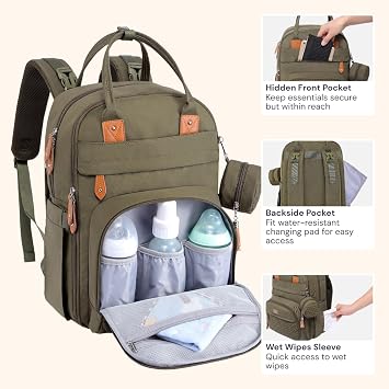 BabbleRoo Baby Changing Bag Backpack, Nappy Changing Back Pack Diaper Bags with Changing Mat & Pacifier Holder for Mom & Dad (Army Green)