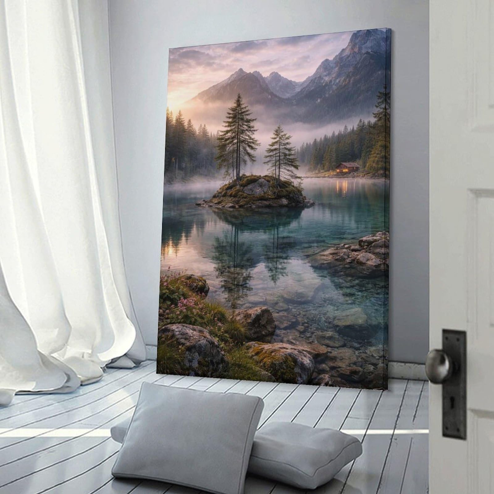 Junmoney Frame-Style-4 Room Decor Wall Art Misty Mountain Lake Sunrise, 24X36inch(60X90cm), For Lounge Decor, Bedroom Walls Or Flats, Canvas Styling For A Polished Room Look