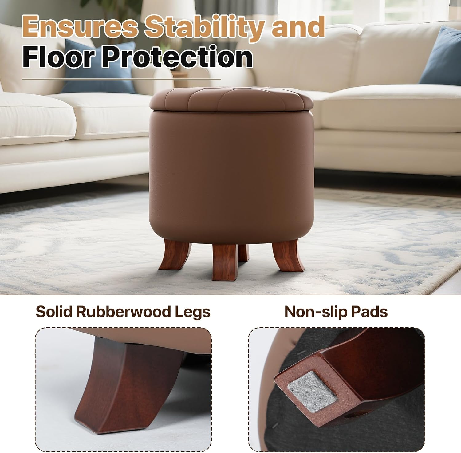 Magshion Round Ottoman with Storage, 15.5 Dia. x 17 H Inches PU Leather Footstool with Legs, Small Foot Rest Ottoman for Bedroom, Living Room, Decorative Home Furniture, Brown