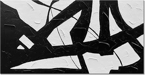 Miniatura 1 de zoinart Lienzo pintado a mano en blanco y negro, 48 x 24 pulgadas, pinturas al óleo modernas, abstractas y modernas, arte de pared con textura