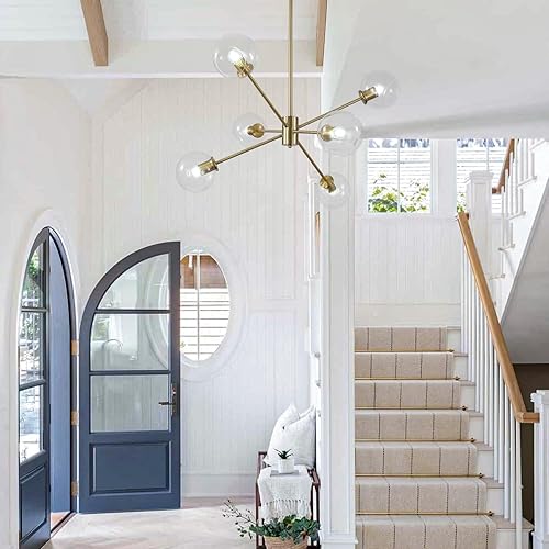 Miniatura 9 de BOKT 6 luces de mediados de siglo moderno globo de cristal transparente Sputnik lámpara de araña dorada cepillada Sputnik lámpara vintage grande de