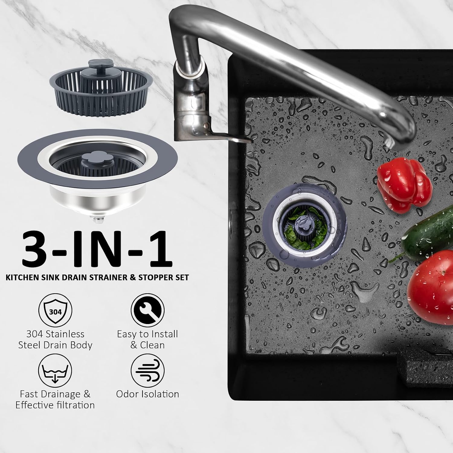 3 in 1 Kitchen Sink Drain Strainer Stopper - Stainless Steel Pop Up Sink Stopper & Anti-Clogging Strainer Basket Combo for US Standard 3-1/2 Inch Drain (2 Packs)
