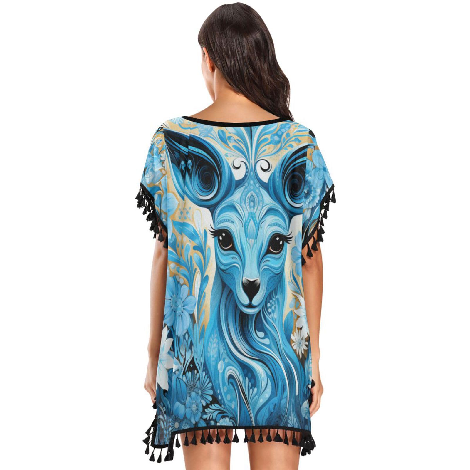 Blue Kangaroo Elk Women's Beach Cover Up Chiffon Tassel Swimwear Swimsuit Coverups for Girl