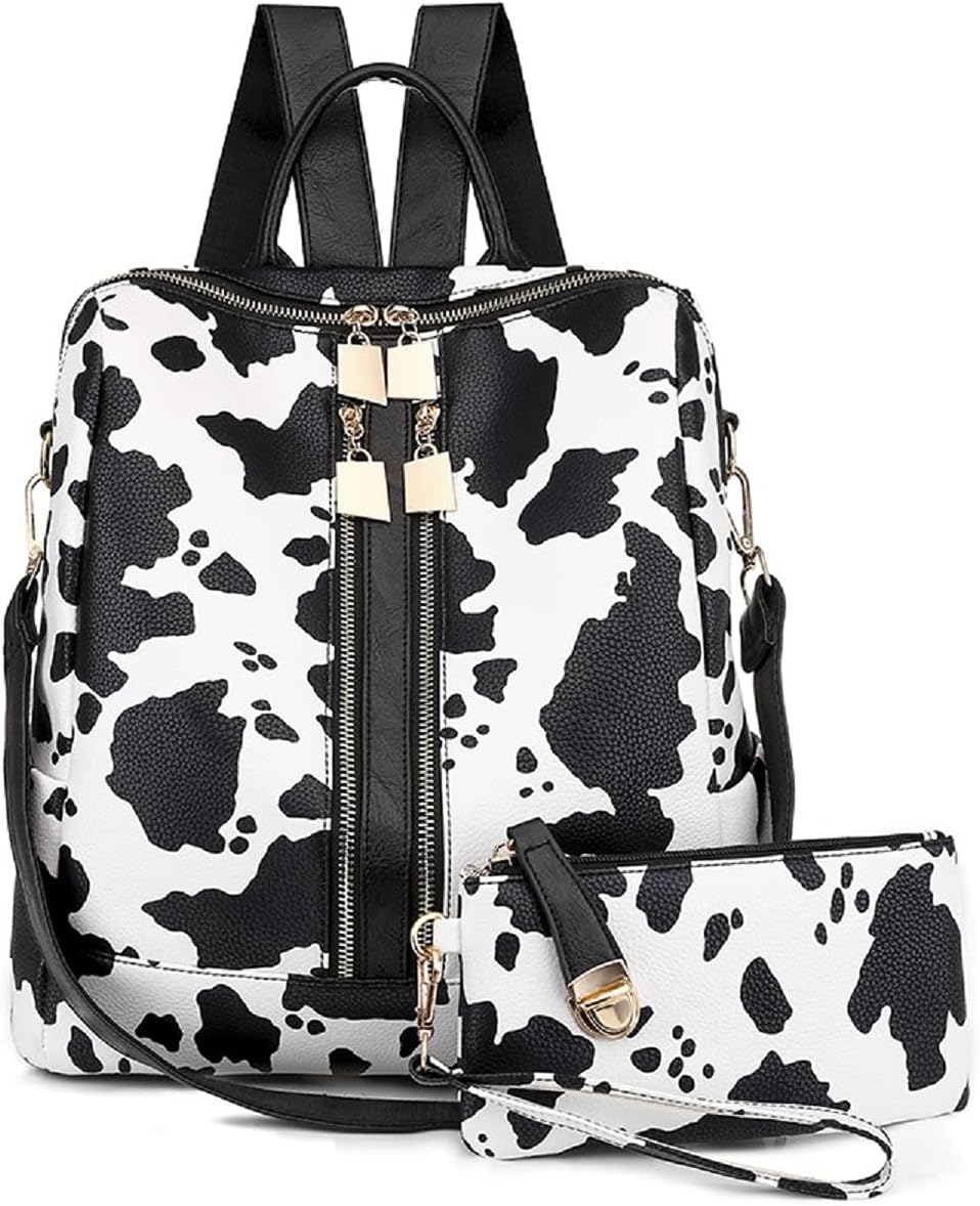 Women Backpack Purse Leopard Fashion PU Leather Designer Travel Bag Cow Pattern Ladies Shoulder Bags(White)