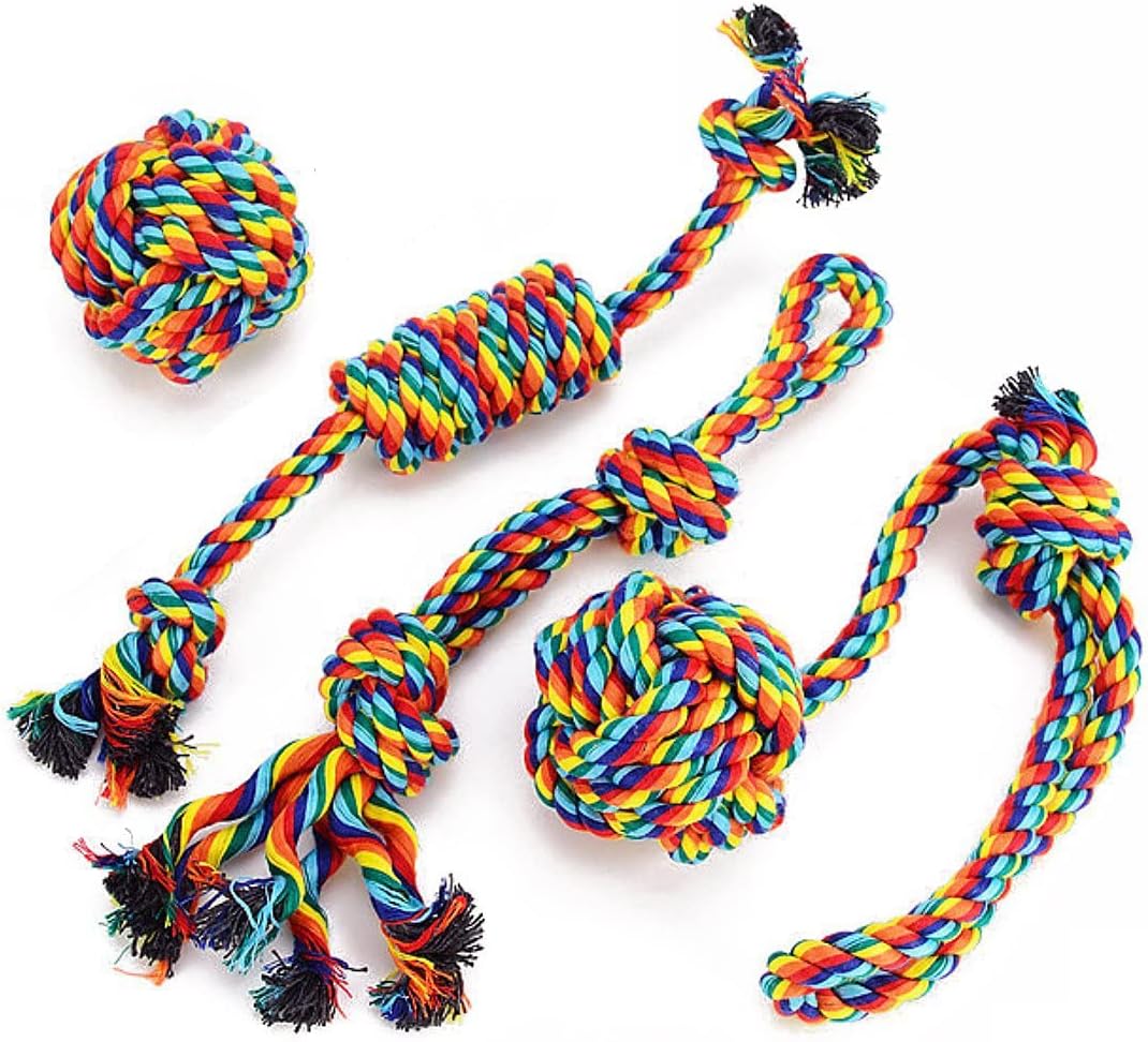 Dog Rope Toys Set - Durable Cotton Chew Toys for Pet Dental Health and Teeth Cleaning - 4 Pack Gift Set for Small Medium Dogs and Puppies