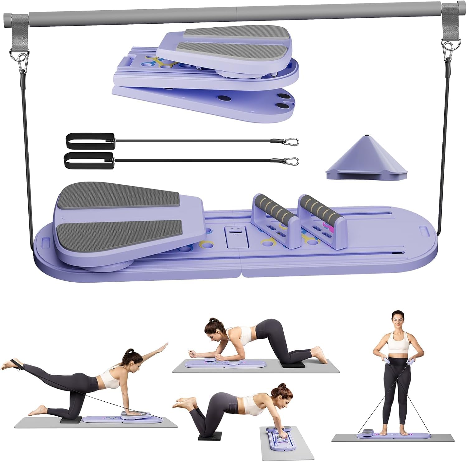 Upgraded Pilates Reformer Machine - 6-in-1 Fitness Board & Pilates Equipment Set with Ab Workout Equipment, Multifunctional Push-Up Board, Resistance Bands, Balance Board & Timer for Full Body Workout