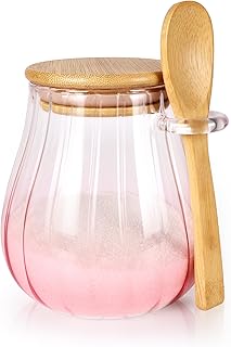 Arrozon 15 oz Pink Sugar Bowl with Bamboo Lid and Spoon,Pink Kitchen Decor and Accessories,Glass Jar with Airtight Lid, Brown Sugar Keeper, Sugar Container for Coffee Bar and office