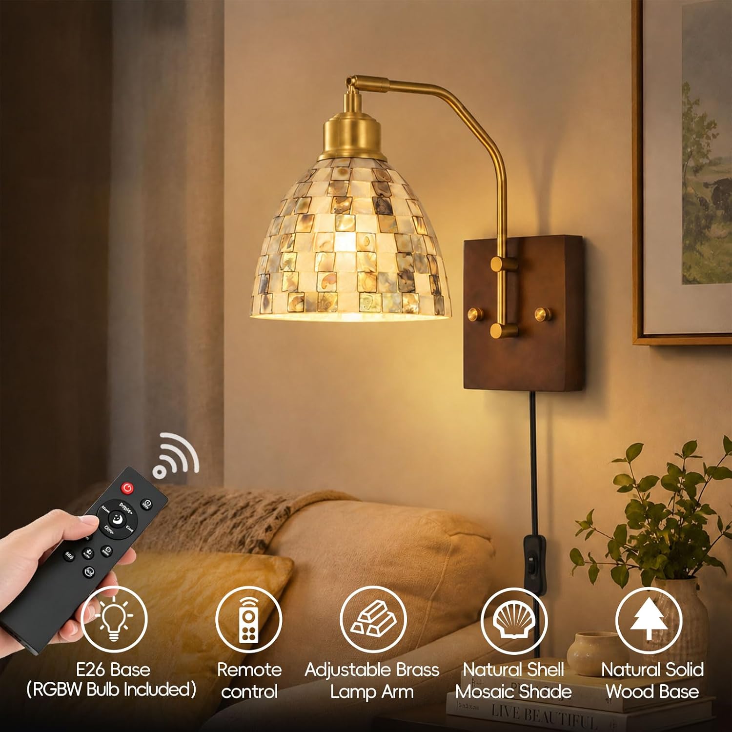 Vintage Natural Seashell Mosaic Lampshade Wall Sconce with Remote Control LED Bulb, Solid Wood Brass Lamp Body Plug-in or Hardwire Wall Light, Adjustable Brightness Temperature for Living Room Bedroom