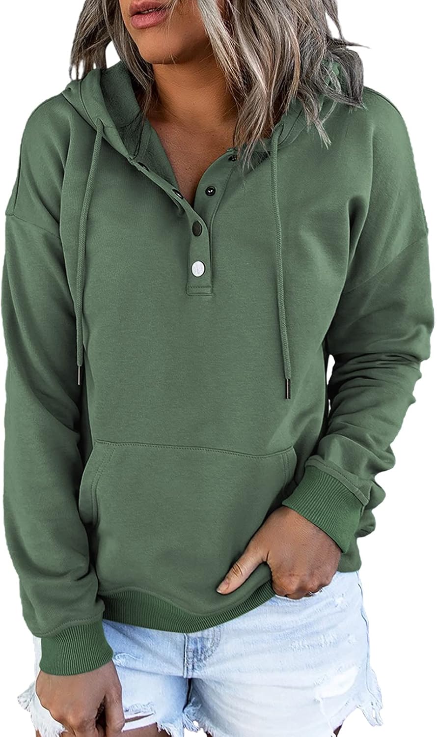 Dokotoo Kapuzenpullover Damen Knopfleiste Hoodie Pullover Langarm Herbst Winter Sweatshirt Oberteil Pulli S-XXL