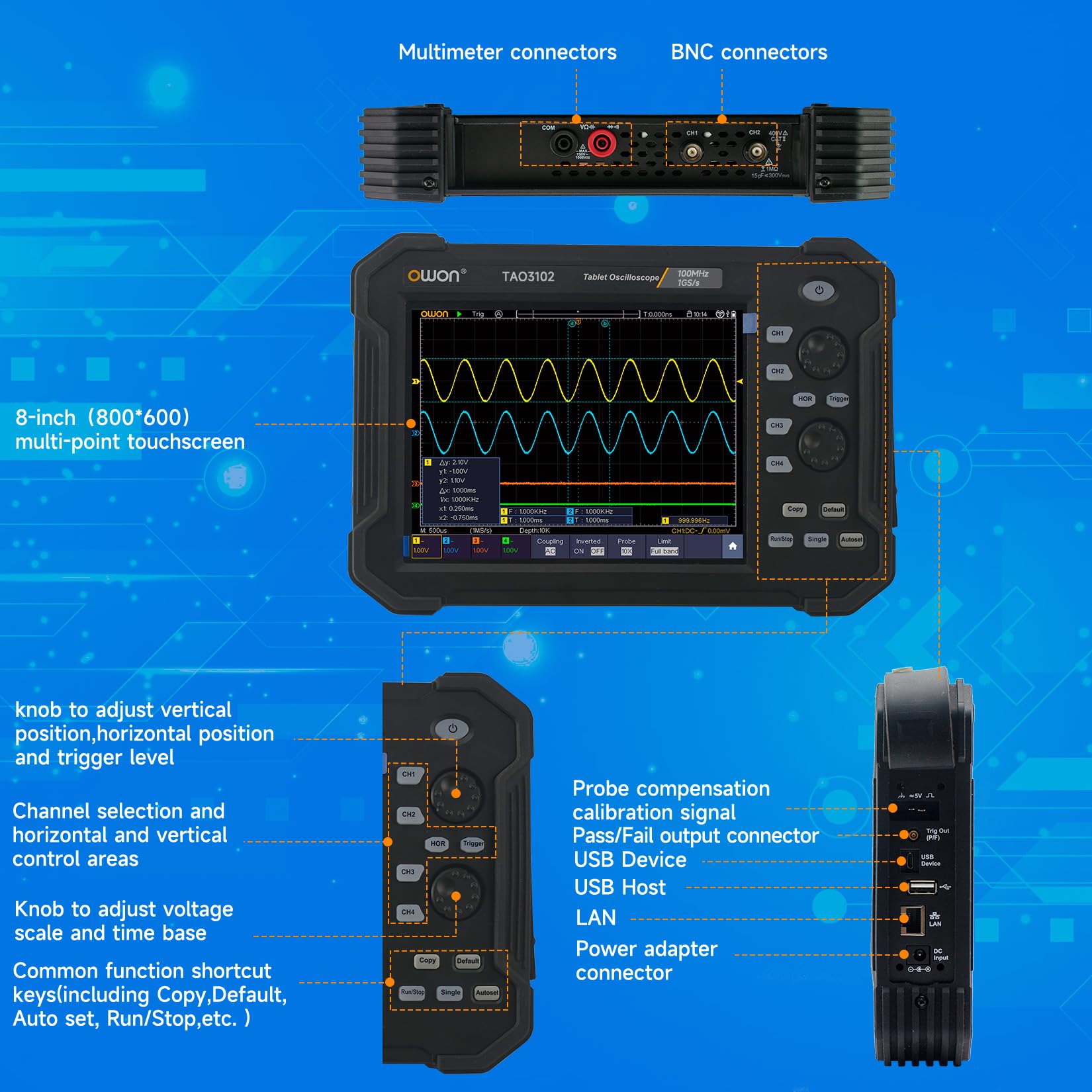 OWON Oscilloscopio Digitale TAO3102, Oscilloscopio a 2 Canali, Larghezza di Banda 100 MHz e Frequenza di Campionamento 1 GS/s, Velocità di Aggiornamento della Forma D'onda 45.000 wfms/s