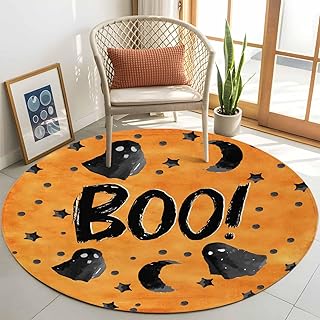 Area Rug for Living Room Happy Halloween Horror Ghost Moon Stars Soft Non Slip Indoor Carpet Washable Rugs, Night Orange Back Large Round Throw Rug for Bedroom Dining Room Nursery Dorm 3ft