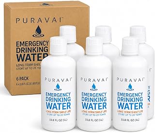 Ready Harvest Puravai Emergency Drinking Water, 6-Pack (1 Liter Bottles), 20-Year Shelf Life, Long-Term Water Storage for Emergency Preparedness, Disaster Kits, Survival Supplies