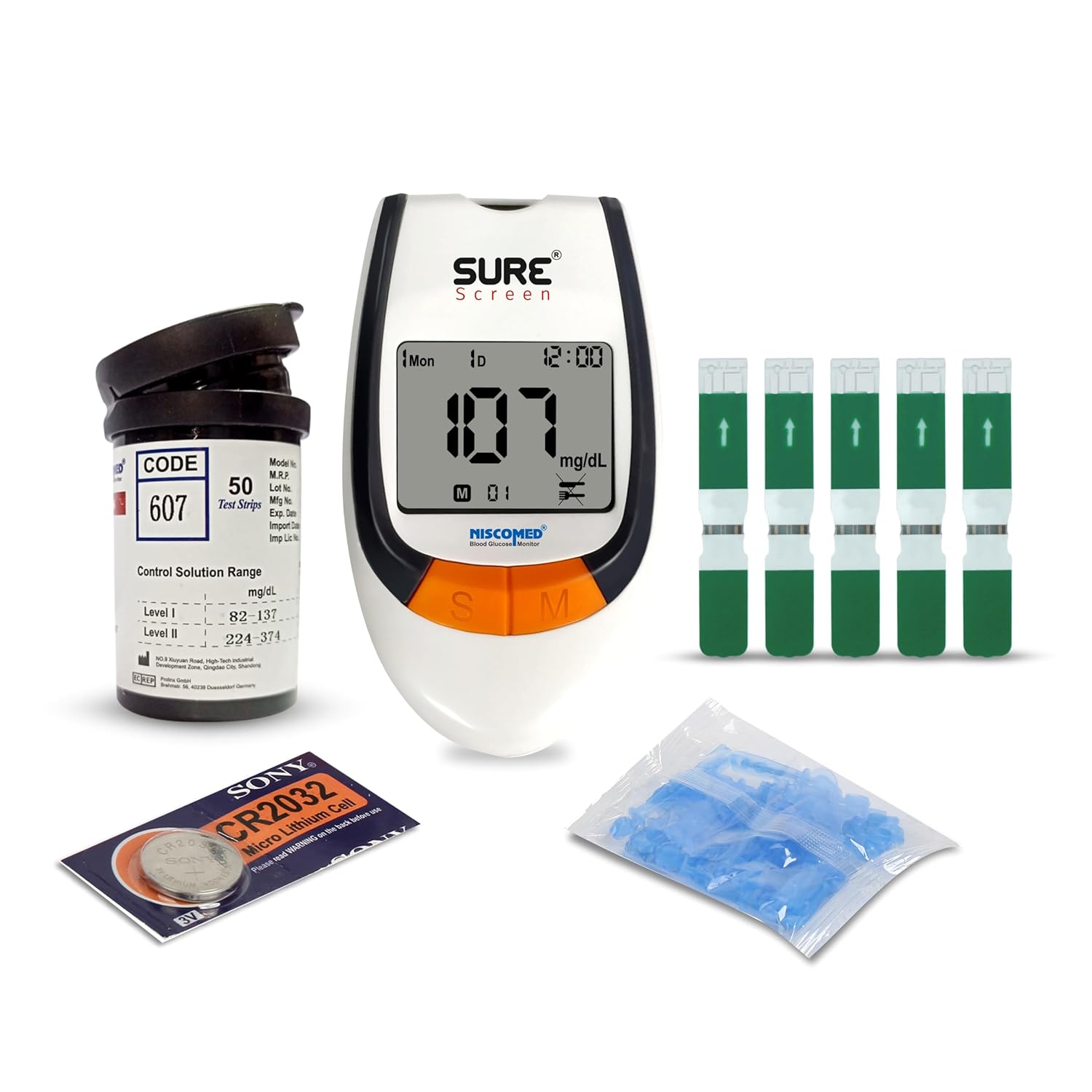 Niscomed Glucometer Simple & Accurate Sugar Testing Painfree Monitor – Blood Sugar Levels at Home – (FREE 5 Test Strips + 5 Sterile Lancets + 1 Lancing device), White