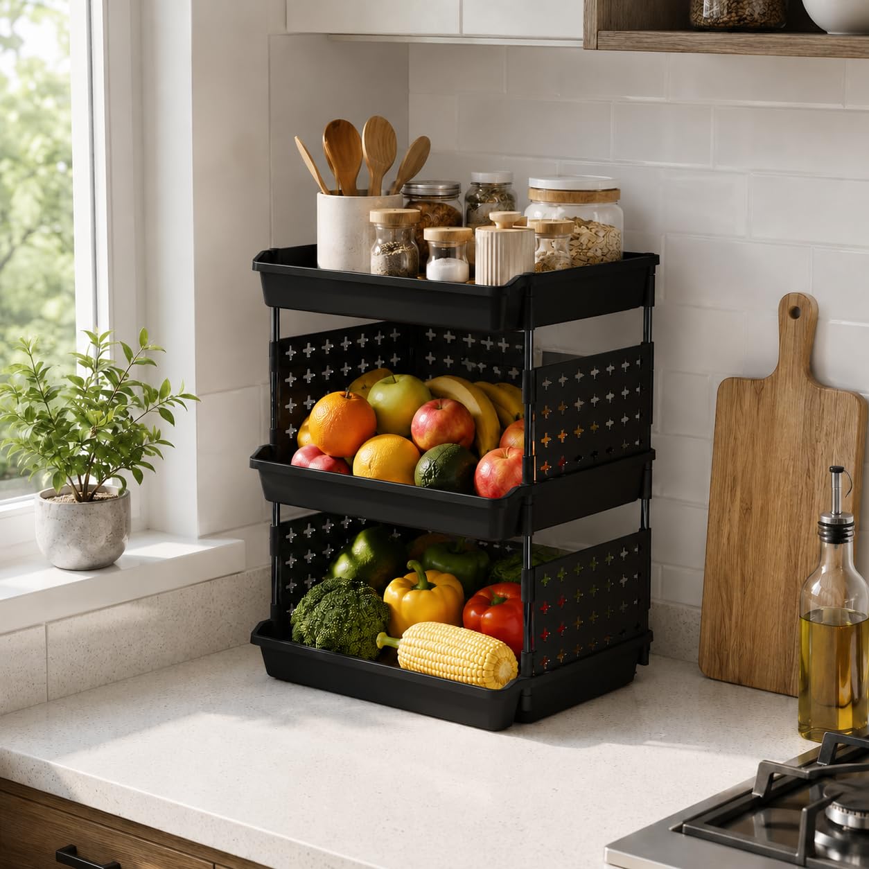 JD Fresh 3 Tier Plastic Storage Drawer Organizer/Stackable Modular Storage Rack for Clothes/Breathable Design Kitchen Organizer/Multipurpose Shelves Storage for Office, kids room and Pantry (Black)-image-40