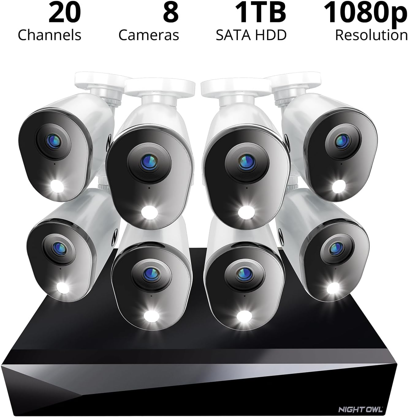 Night Owl 2-Way Audio 20 Channel DVR Video Home Security Camera System with (8) Wired 1080p HD Indoor/Outdoor Deterrence Cameras and 1TB Hard Drive (Add up to 4 Wi-Fi Cameras) (8 Camera)