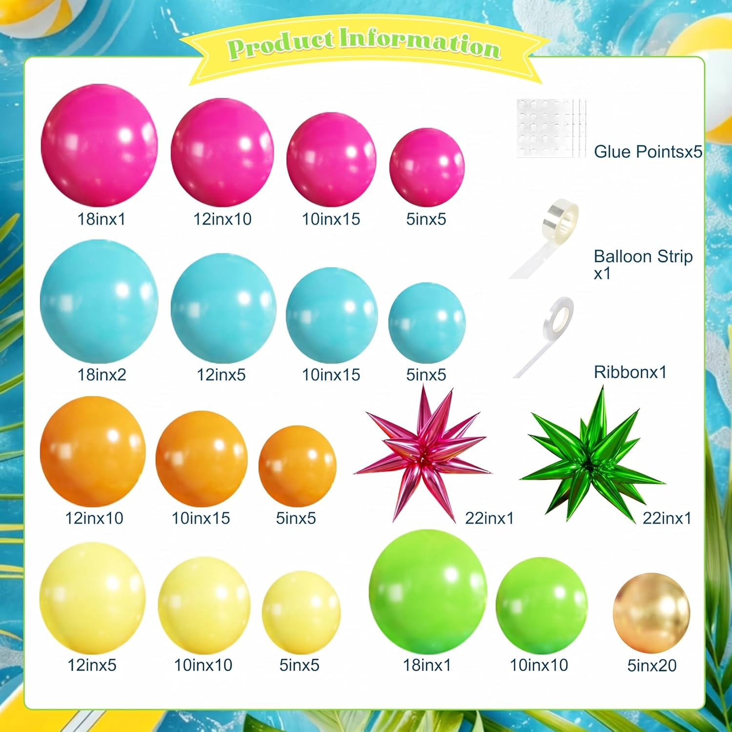 Summer Tropical Balloon Arch Kit 141Pcs Orange Hot Pink Yellow Blue Green Gold Balloons with Foil Star Balloons for Hawaiian Luau Aloha Theme Baby Shower Birthday Party Decorations