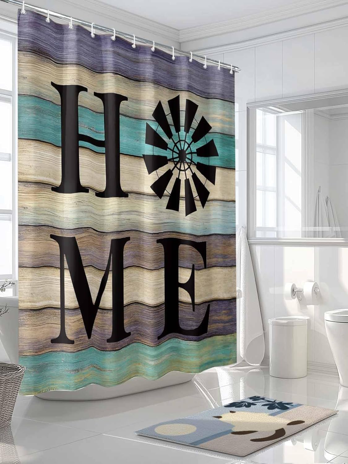 Shower Curtain Bathroom Set Farm Home Windmill Waterproof Shower Curtains with Grommets Hooks Farmhouse Vintage Wood Board Privacy Bath Curtain for Bathtub Decor 72x84in