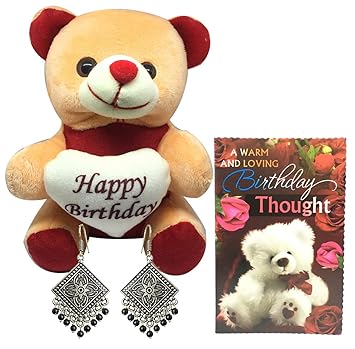 Natures Buggy Birthday Gift for Girls Soft Teddy, Jhumka Earring and Small Birthday Greeting Card