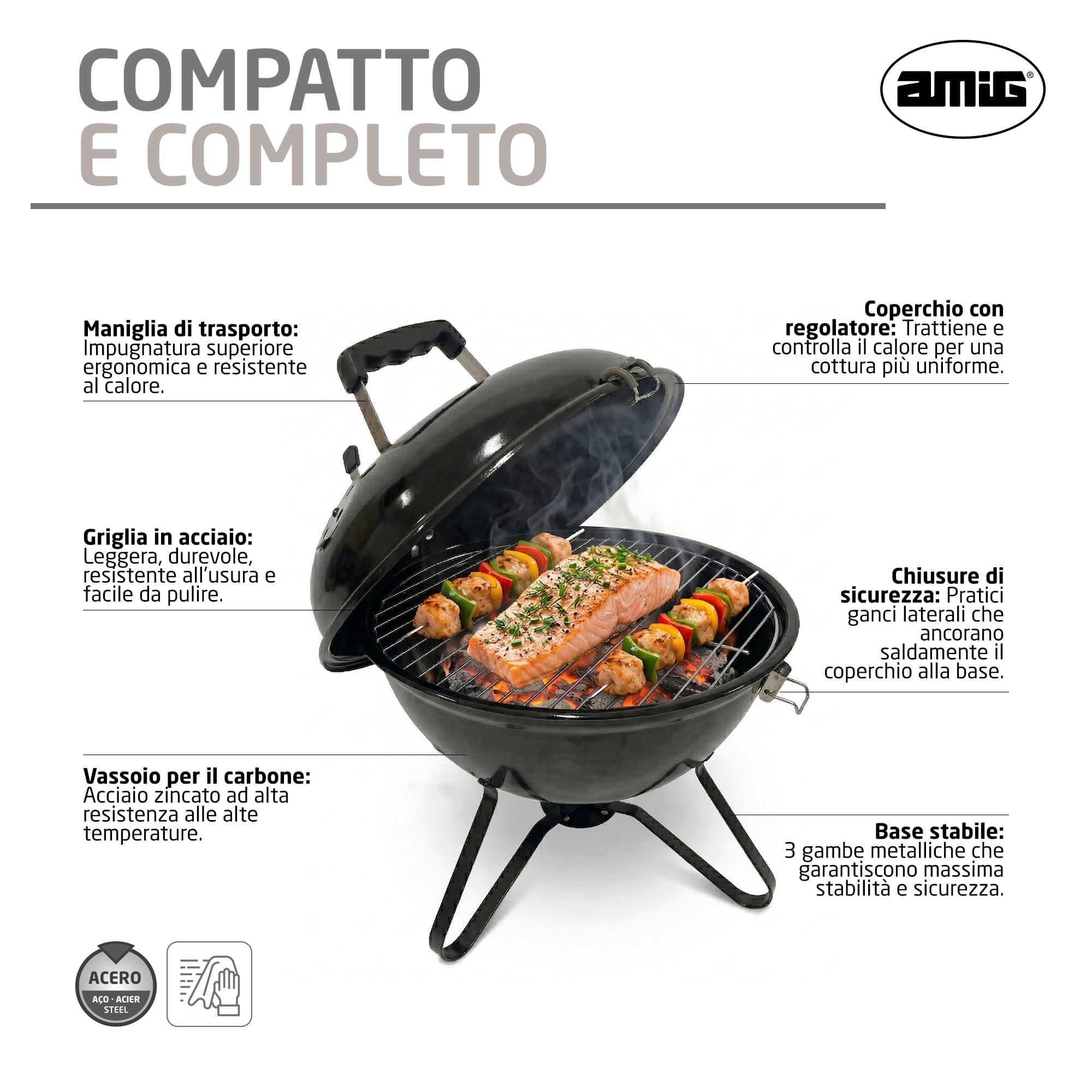 Amig - Barbecue a carbone - 37 x 37 x 45 cm - Nero - Fabbricato in Acciaio - Giardino e Patio. Mod. KRYPTA