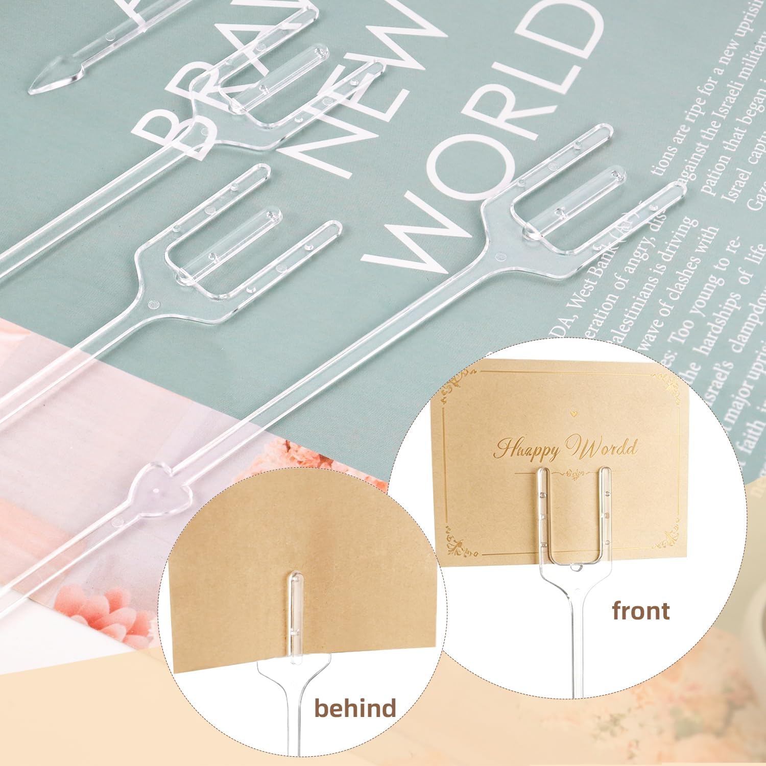 80 Pcs Plastic Floral Pick Card Holders Clear Fork Shaped Straight Head Flower Photo Card Holder Sticks for Wedding Bouquet Birthday Party Decoration (12in)