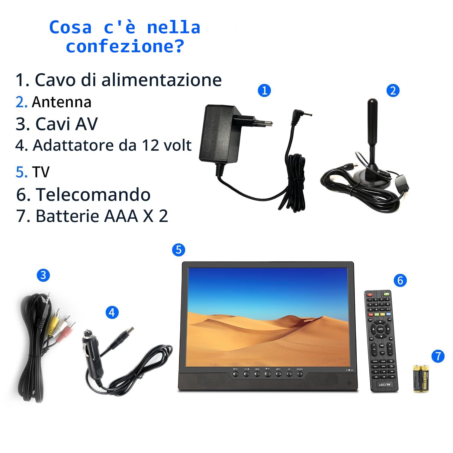 KCR TV portatile 14,0 pollici digitale DVB-T2, Freeview, batteria ricaricabile, porta USB, presa per cuffie, telecomando, ingresso AV, ingresso HDMI, HEVC Main 10