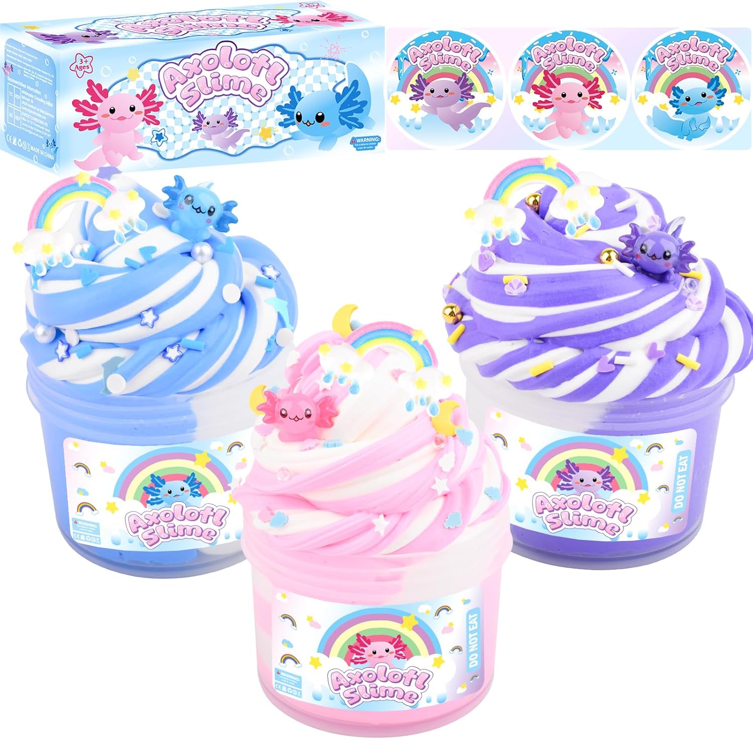 3 Pack Scented Axolotl Butter Slime Kit - Pink Blue Purple Colorful Axolotl Slime Toy, Super Soft Texture Non-Sticky, Birthday Gifts for Kids, Party Favors for Girls and Boys(3x100ml)