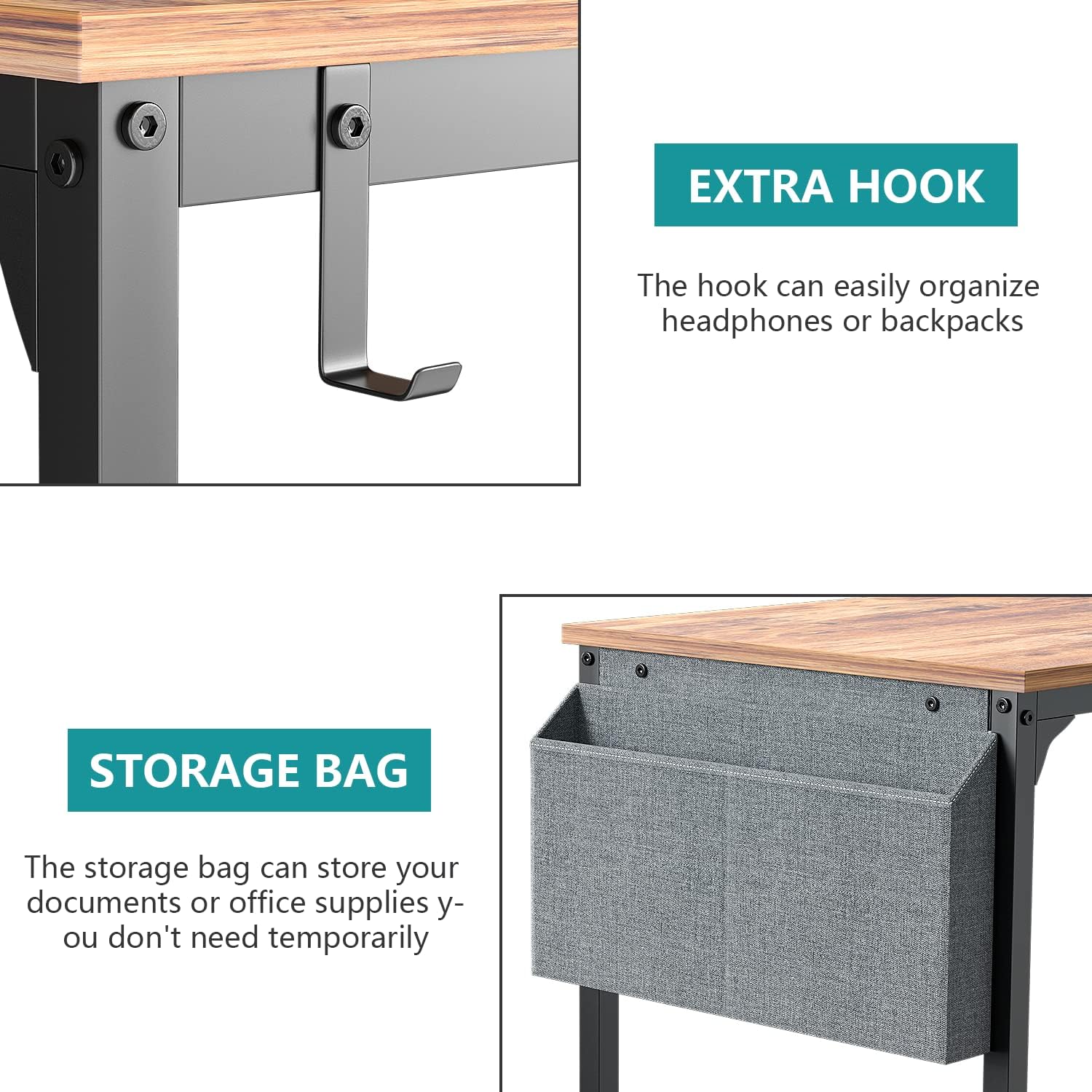 PayLessHere Computer Desk with 2 Shelves, 47 in Length Study Writing Table, 2-in-1 Large Office Desk with Metal Legs, Adjustable feet, Modern Furniture for Home Office, Study Room-Rustic Brown