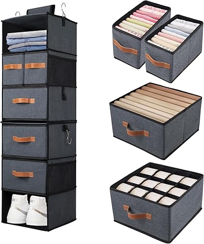Miniatura 2 de Organizador de armario colgante de 12.6 x 12.6 x 44.1 pulgadas, estantes organizadores de ropa de 6 niveles con cajones y ganchos para organización