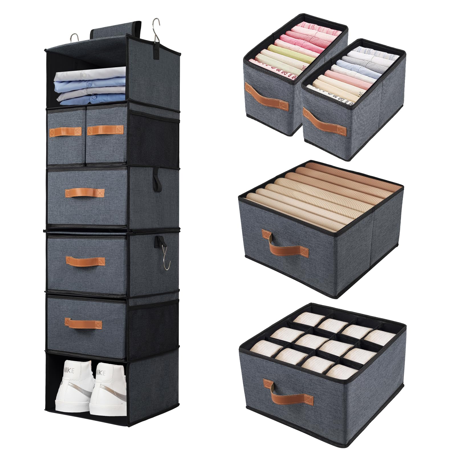 Étagère Suspendue, Rangement Suspendu avec 5 Tiroirs et 7 Compartiments, Étagères Organisateur de Rangement Suspendu Dessus de la Porte pour Chambre, Cuisine, 32 x 32 x 112 cm (Gris Foncé)