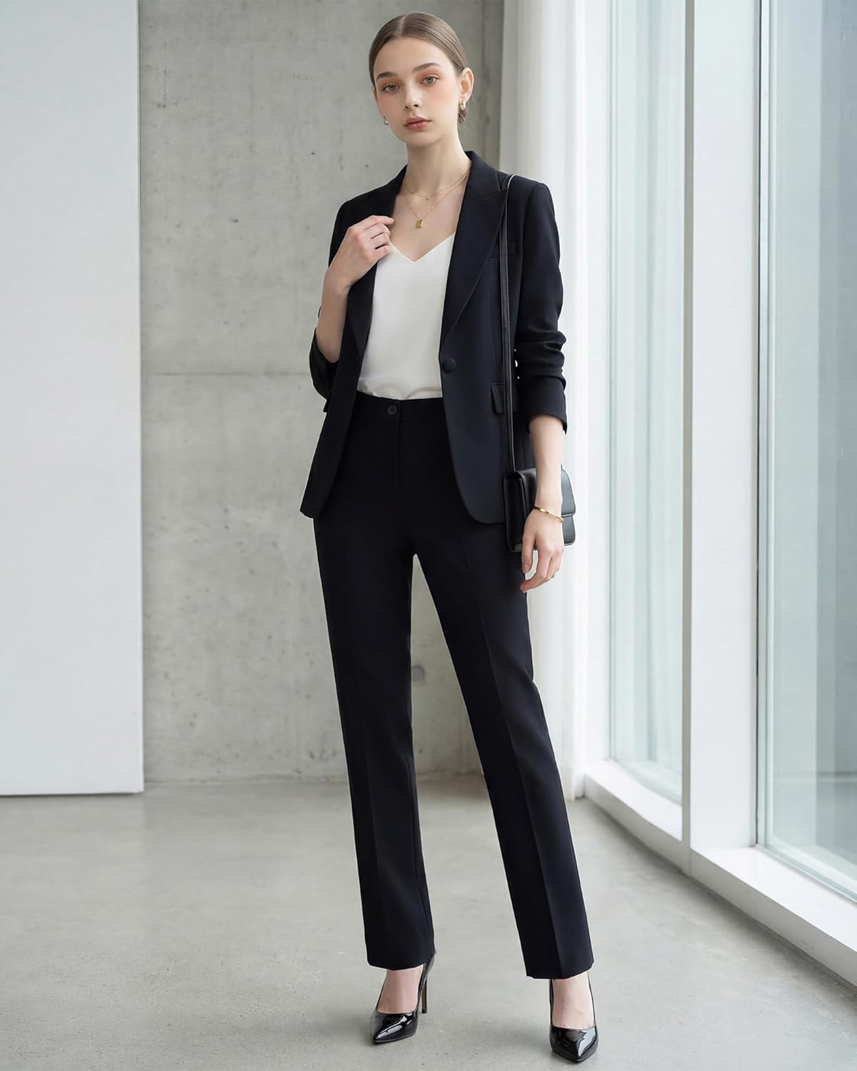 Women’s Suits 2-Piece Set Business, Wrinkle-Free Dressy Pant Suits for Women, Professional Outfits for Work & Office Large Black