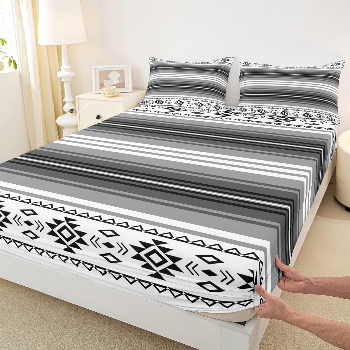 Erosebridal Western Aztec Sheet Set Ethnic Geometric Twin Sheets Set for Toddler Boys,Navajo Style Grey Black Stripes Farmhouse Decor Bohemian Fitted Sheet