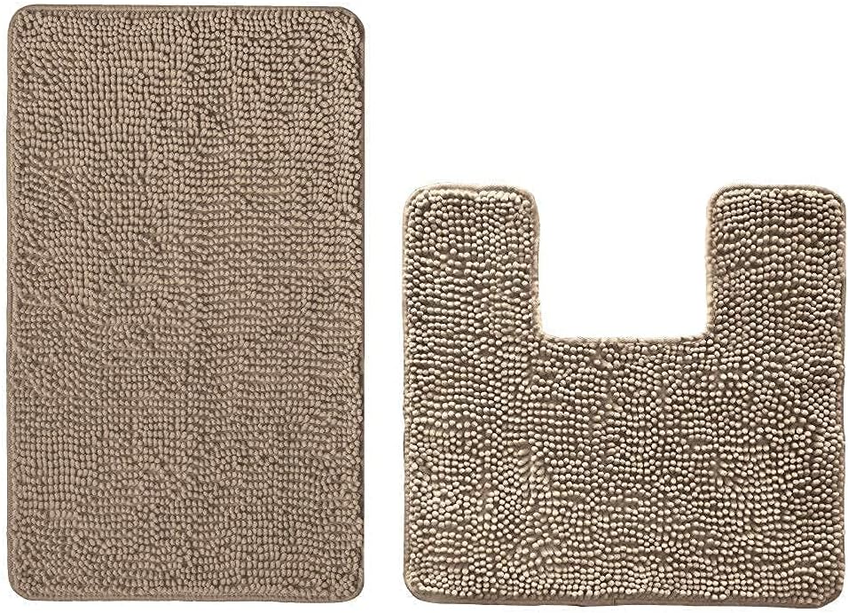 GORILLA GRIP Bath Rug and Square U-Shape Contoured Mat for Toilet, Both Beige, Bath Rug is Size 30x20, Contoured Mat is Size 22.5x19.5, 2 Item Bundle
