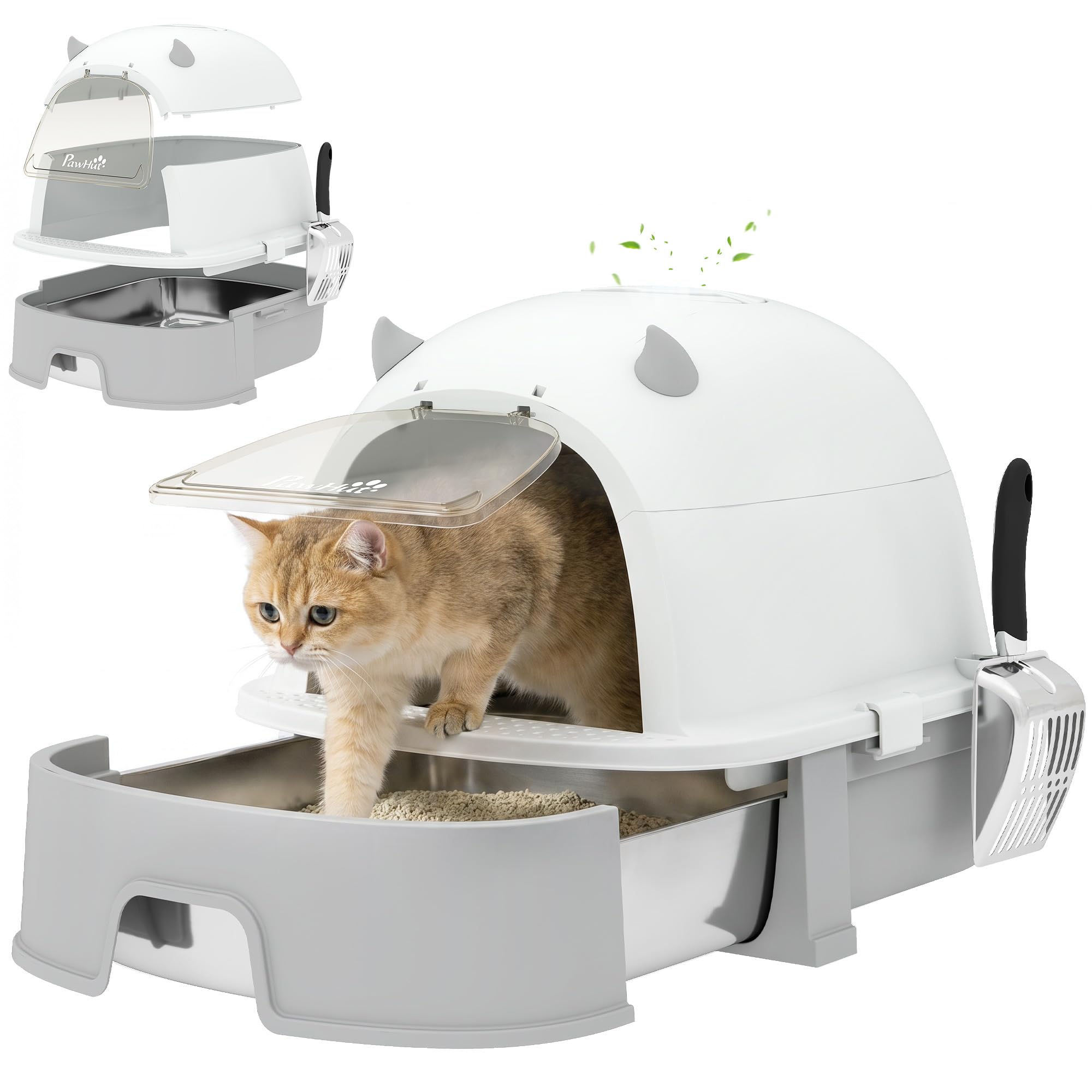 PawHut Katzentoilette mit Abnehmbarem Deckel bis 5 kg 52 x 42 x 39 cm Grau | Edelstahl, Katzenklo, Schaufel, Aktivkohlefilter, Geruchsdicht, für Mittelgroße Katzen