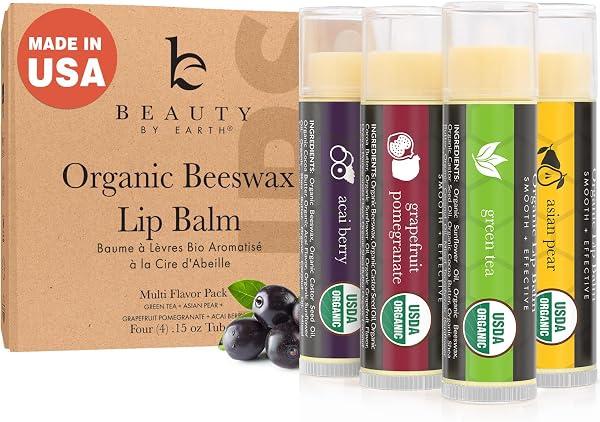 USDA Organic Lip Balm - USA Made with Natural Ingredients, 4 Pack Multi Flavor Lips Moisturizer, Moisturizing Lip Care, Beauty Gifts & Small Birthday Gifts, Moisturizer Chapstick Care for Dry Lips