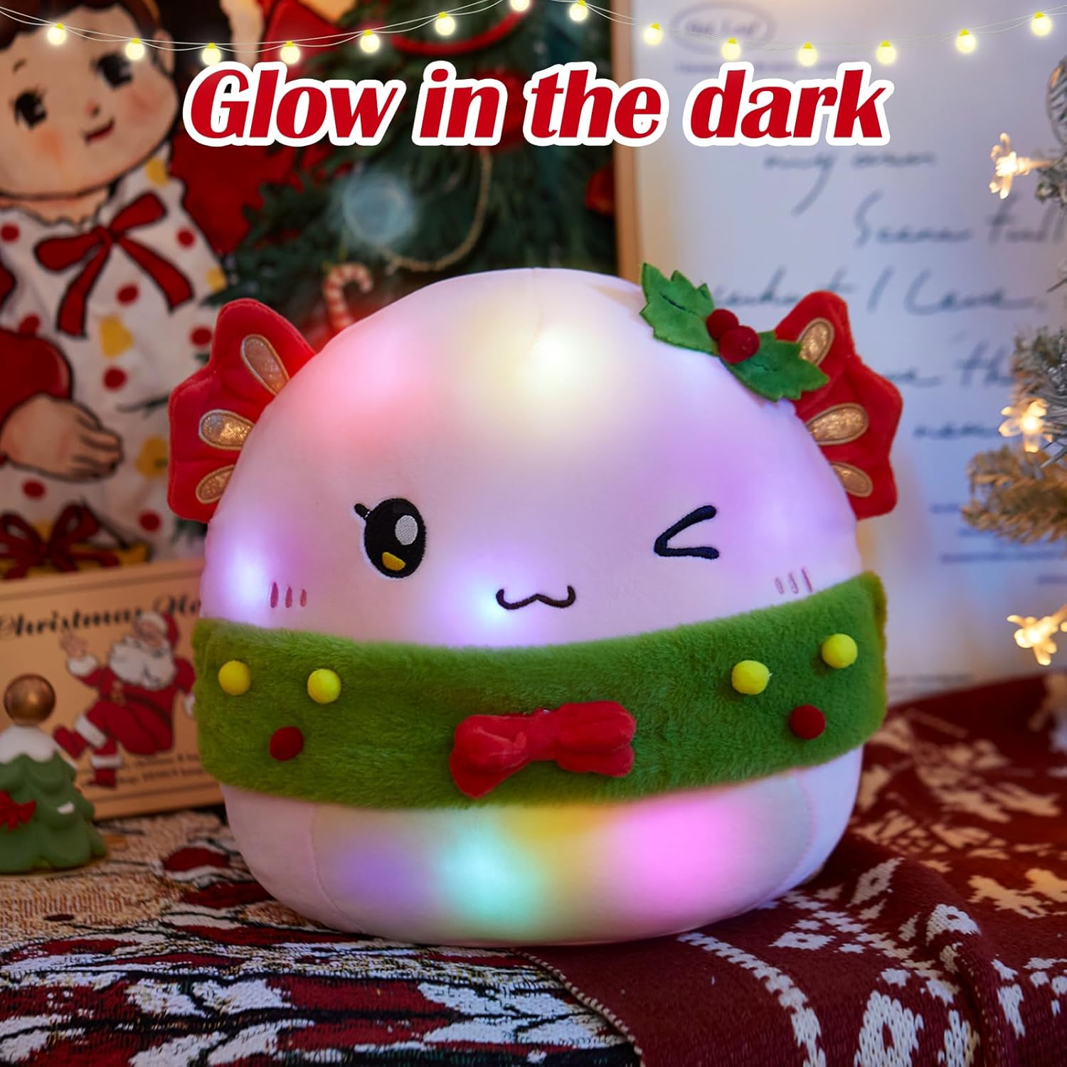 Christmas Light up Axolotl Plush, Pink Axolotl Stuffed Animals with Christmas Wreath, Kawaii Salamander Plush Toys Xmax Decor Gifts for Kids, 13"