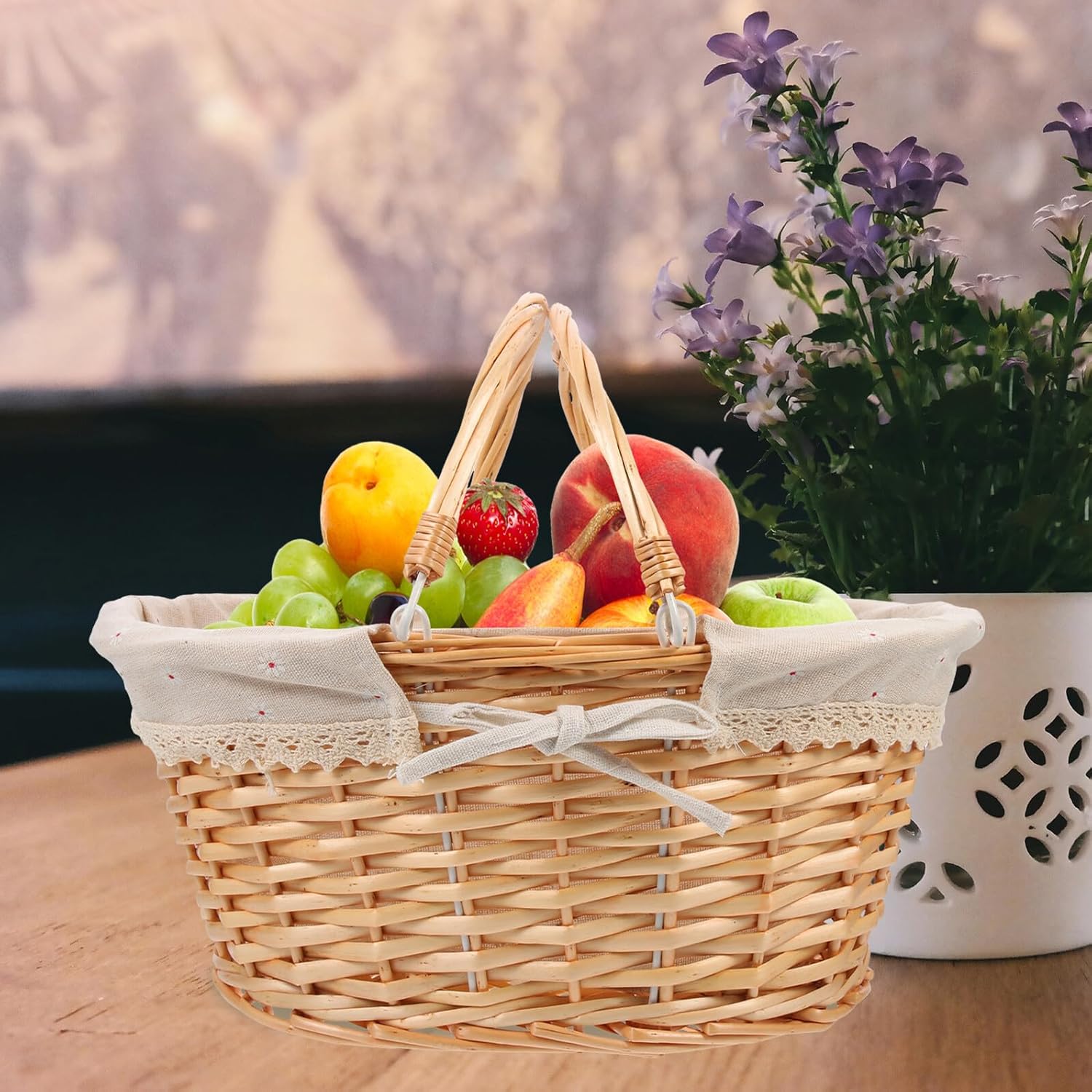 Housoutil Woven Hand-made Large Storage Basket with Handle, Vintage Rattan Fruit and Vegetable Organizer, with Linen Print, Portable Home and Kitchen Shelf Basket for Storage and Display
