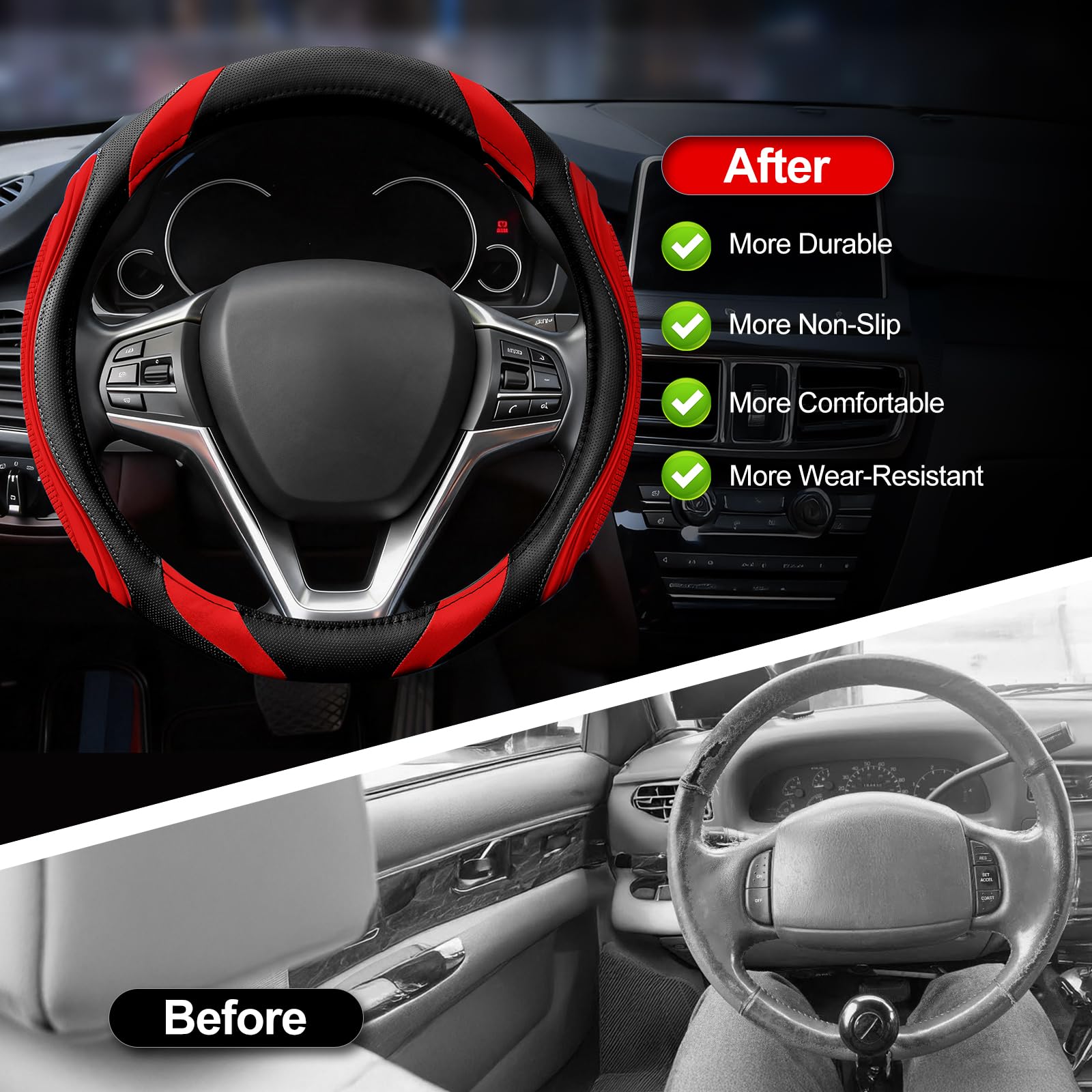 Couvre Volant en Cuir pour Voiture - Couvre de Volant Sportage Universal 37-38cm Noir, Couvre Volant Respirante Antiderapante, Rouge