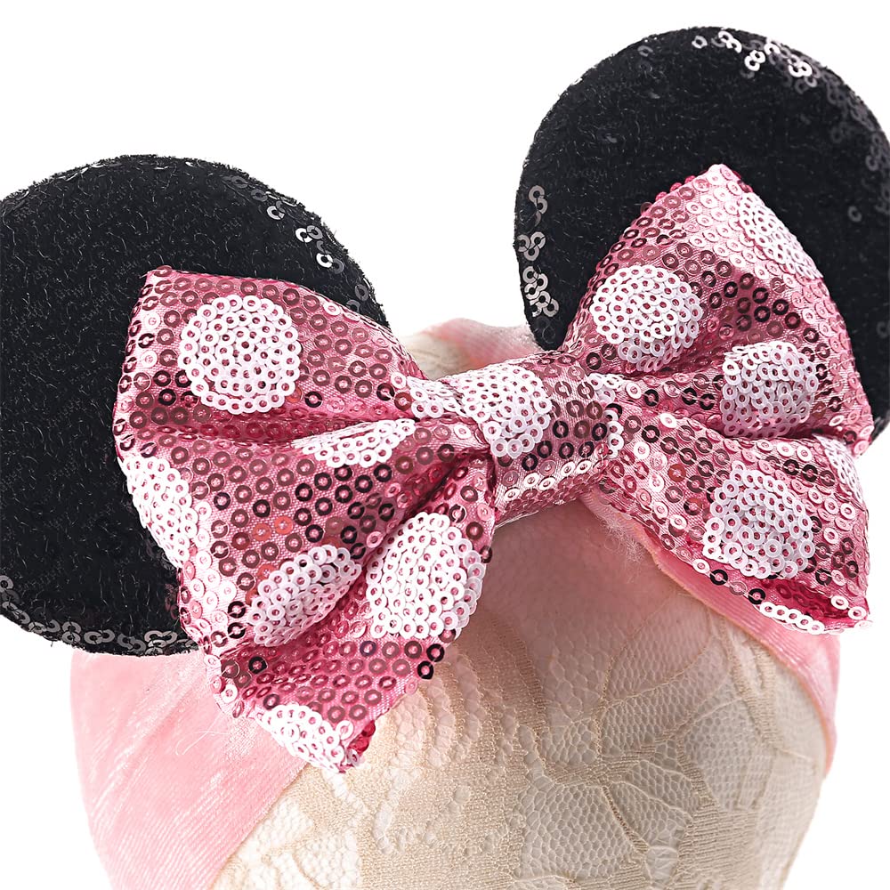 Baby Girl Mouse Ears Headwrap with Sequin Polka Dot Bow, Velvet Turban Hairband, Hair Bow Headband for Toddler, Kids, Party Supplies