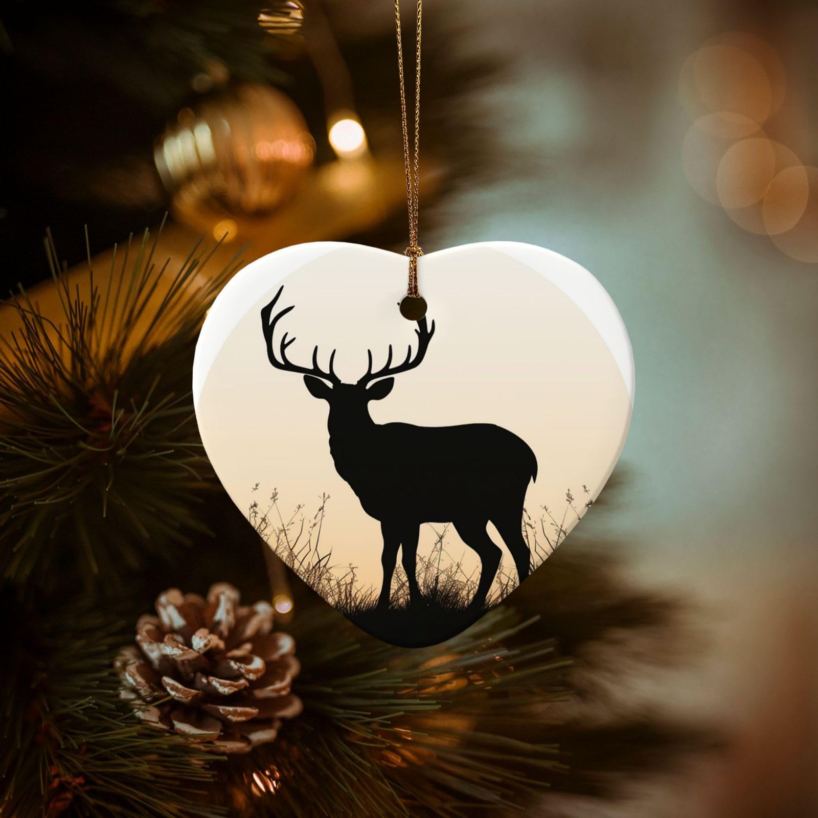 Christmas Tree Ornaments Ceramics Christmas Decorations Deer Silhouette Ornaments with Gold Ribbon Porcelain Xmas Tree Crafts Heart Shape Hanging Pendant for Christmas Tree Party Decor