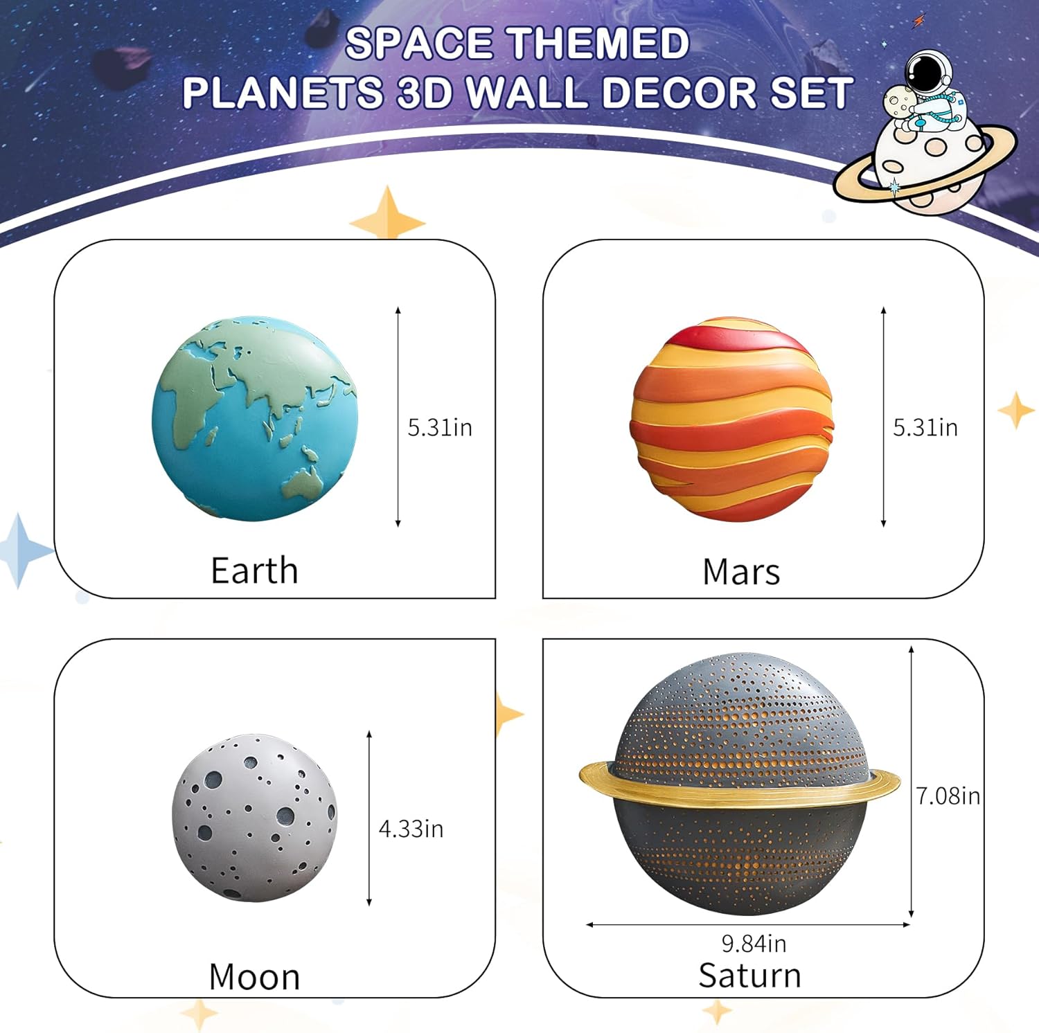 4Pcs Outer Space Planets Wall Decor - Modern 3D Wall Sculptures for Living Room & Bedroom - Solar System Decorations