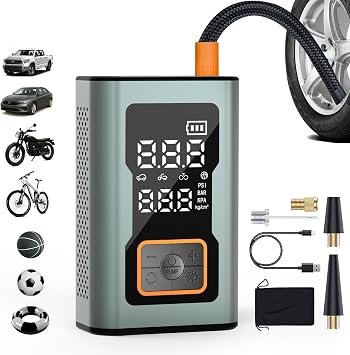 Cordless Tire Inflator Portable Air Compressor, 150 PSI Mini Bike Pump with Digital Dual Values Display, Electric Car Pump with Pressure Gauge LED Light, Air Pump for Auto, Motorcycle, Bicycle, Balls