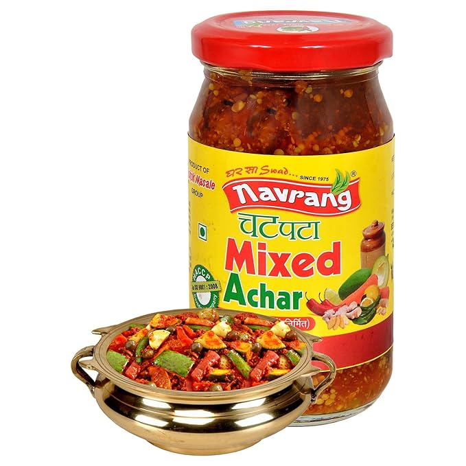 Navrang Homemade Mixed Achar 200gm Mixed Pickle Veg, Spicy, Tangy & Tasty with Indian Taste No Artificial Colours Traditional Taste and Made with Pure Mustard Oil