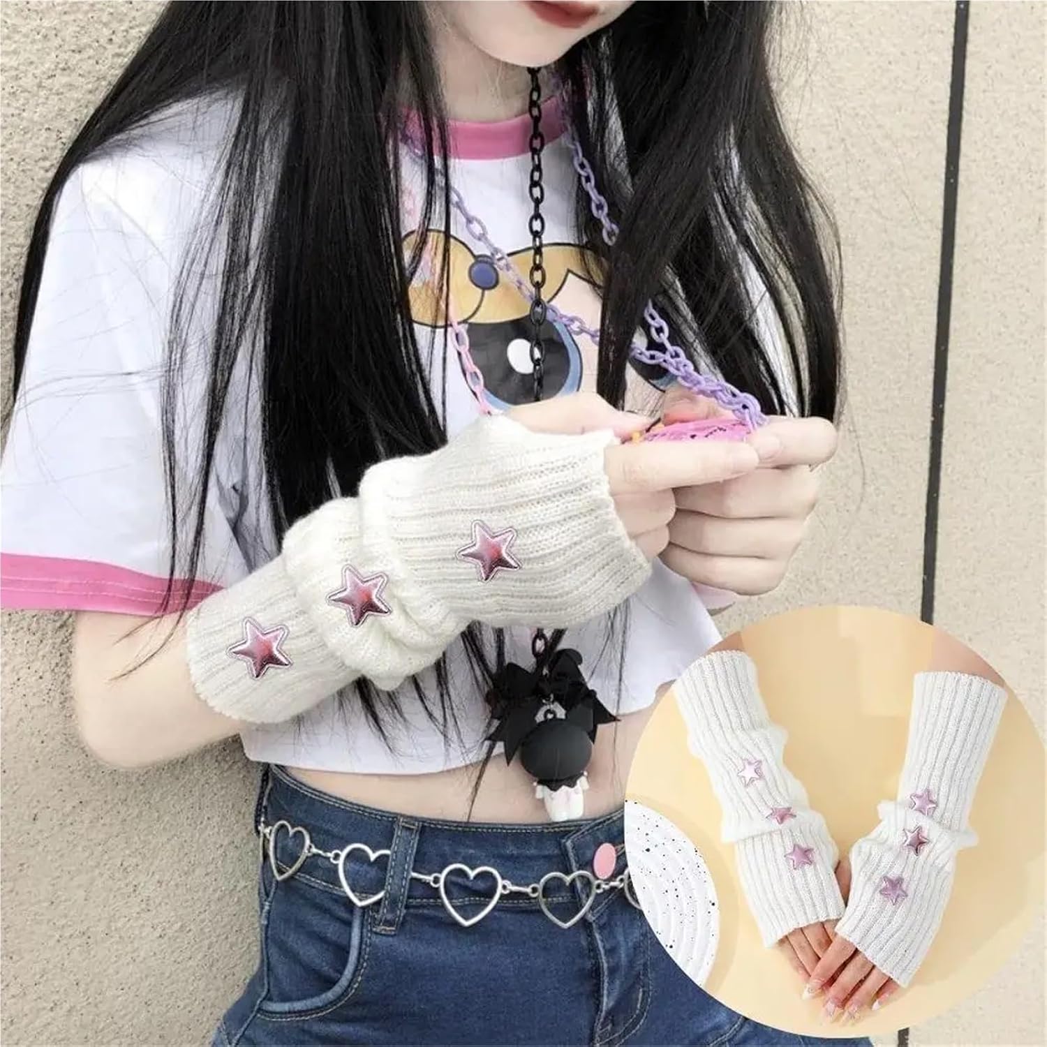 Long Fingerless Gloves 4Pairs Y2k Fingerless Gloves Women Winter Warm Arm Sleeve Knitted Star Decoration Mitten