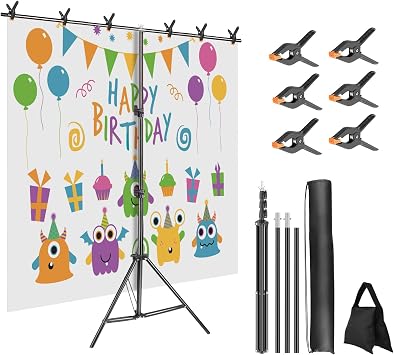 Moclever T-Shape Backdrop Stand for Parties,6.58.5FT Adjustable Photo Background Support Kit with 6 Background Clamps,1 Carrying Bag,1 Sandbag and 2 Crossbars for Wedding/Decorations/Photoshoot