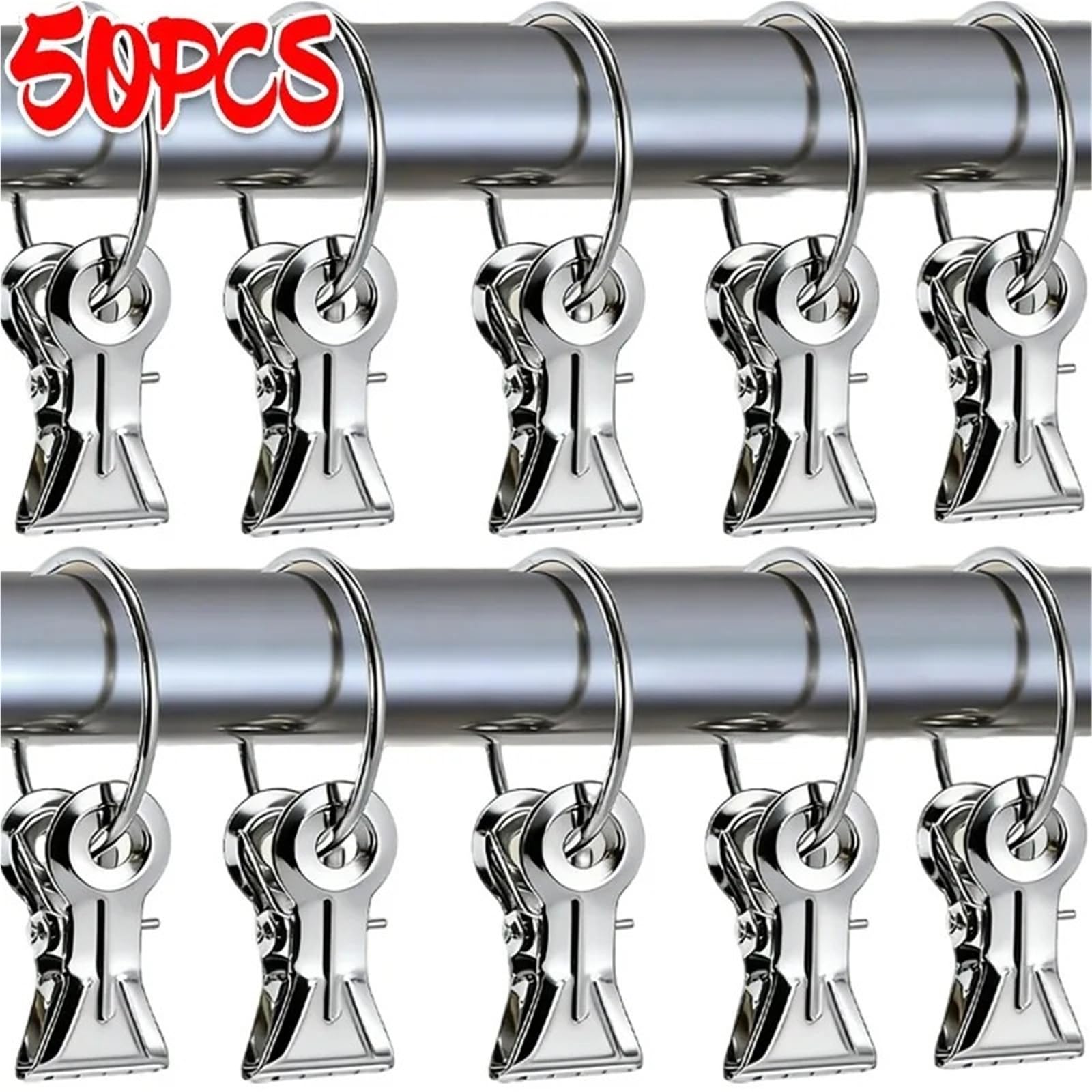 Duschvorhangringe 50/10 Stück Edelstahl-Gardinenstangen-Clips mit Ringen for Zuhause, Schlafzimmer, Badezimmer, dekorative Aufhänger-Schnallen(50PCS)