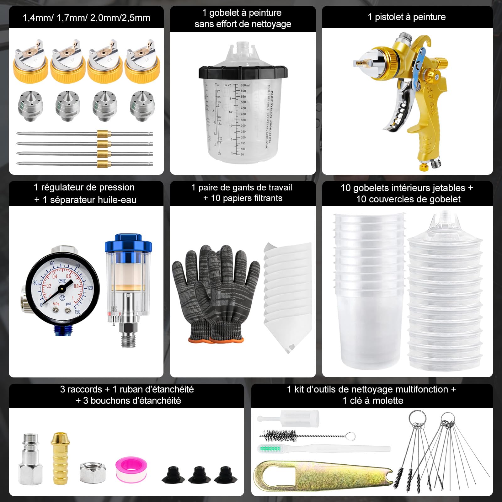 HVLP Pistolet Peinture air comprimé, 4 Buses (1,4/1,7/2,0/2,5 mm), Pistolet a Peinture Professionnelle Compris 10 Coupes de mélange jetables 650ML, kit Pistolet a Peinture carrosserie