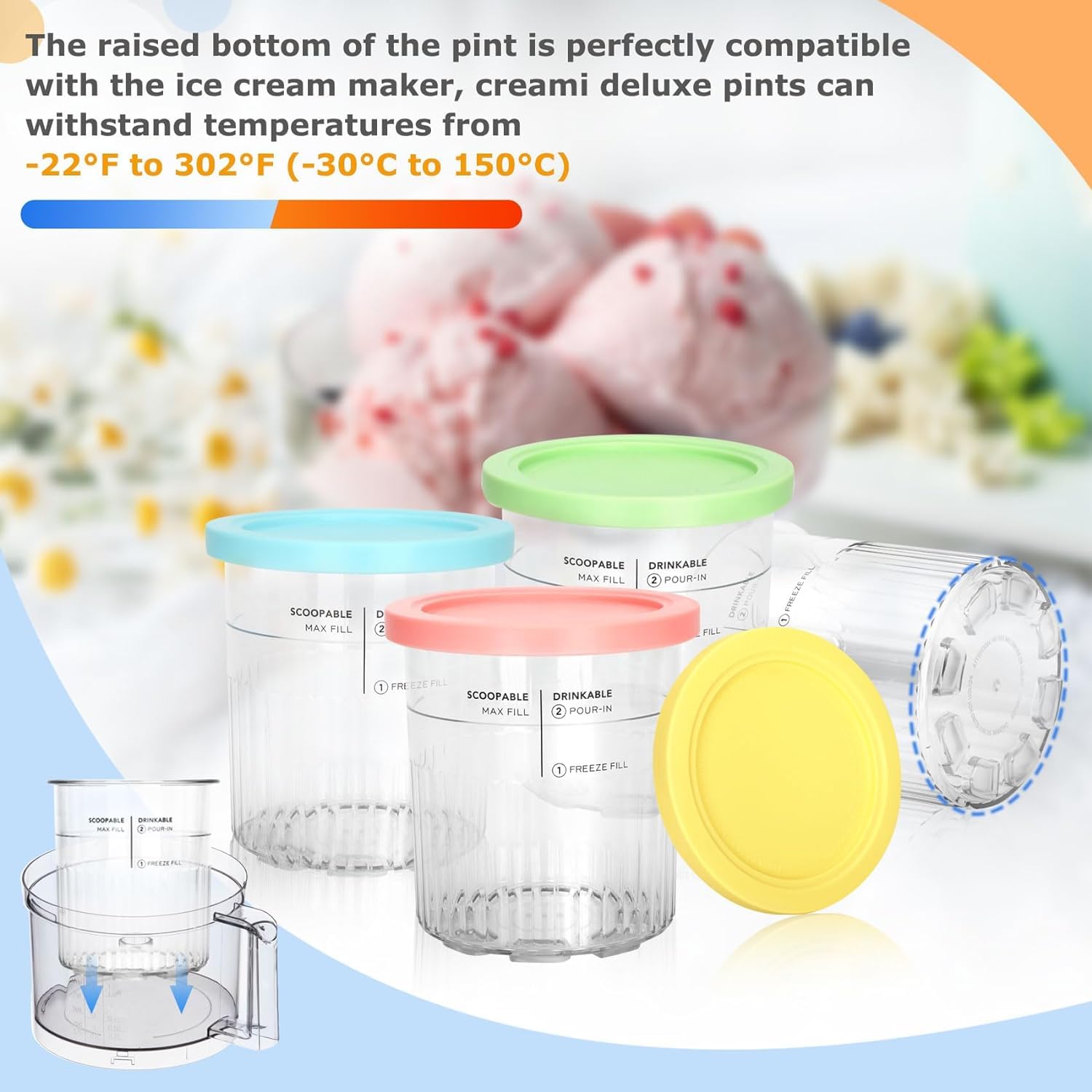 Lot de 4 récipients de rechange Creami pour ninja Creami Deluxe Pint 680 ml NC501, compatible avec la machine à crème glacée Ninja NC501 NC500 de la série Creami Luxe, avec un bac à glace anti-fuite